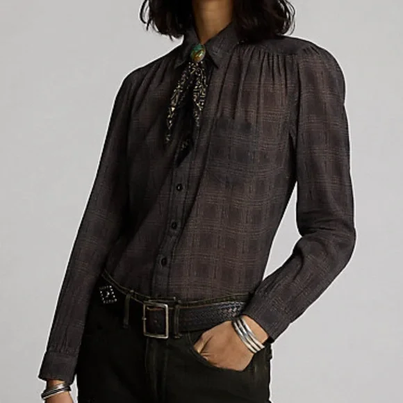 NWT Ralph Lauren Double RL Dark Plaid Cotton Blouse - Picture 2 of 4